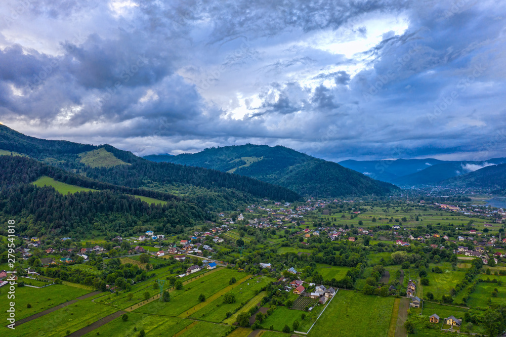 Aerial landscape of mountain village in Carpathians