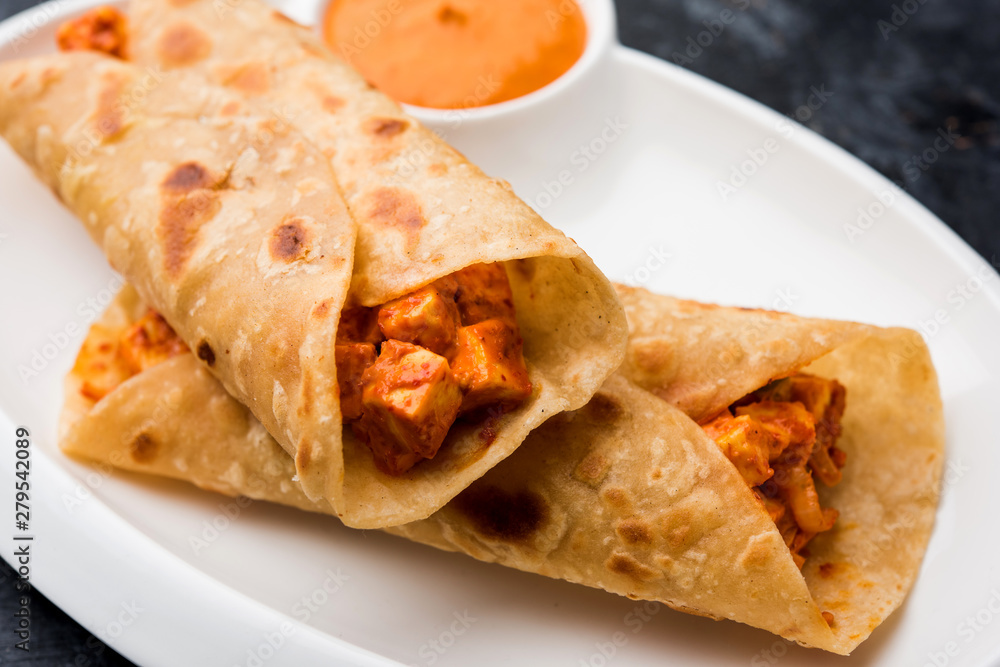 Peri peri paneer chapati frankie/wrap/roll, selective focus Peri peri paneer chapati frankie/wrap/roll, selective focus