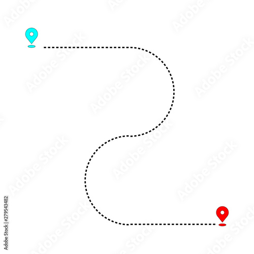 Doted Path line from between two red and blue points or way to somewhere isolated on white background.