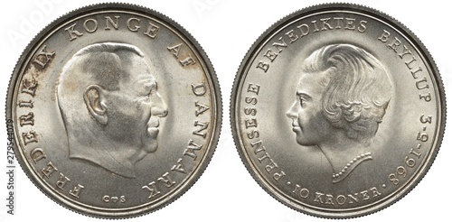 Denmark Danish silver coin 10 ten kroner 1968, subject Marriage of Princess Benedikte of Denmark, head of King Frederick IX right, head of Princess Benedikte left, photo