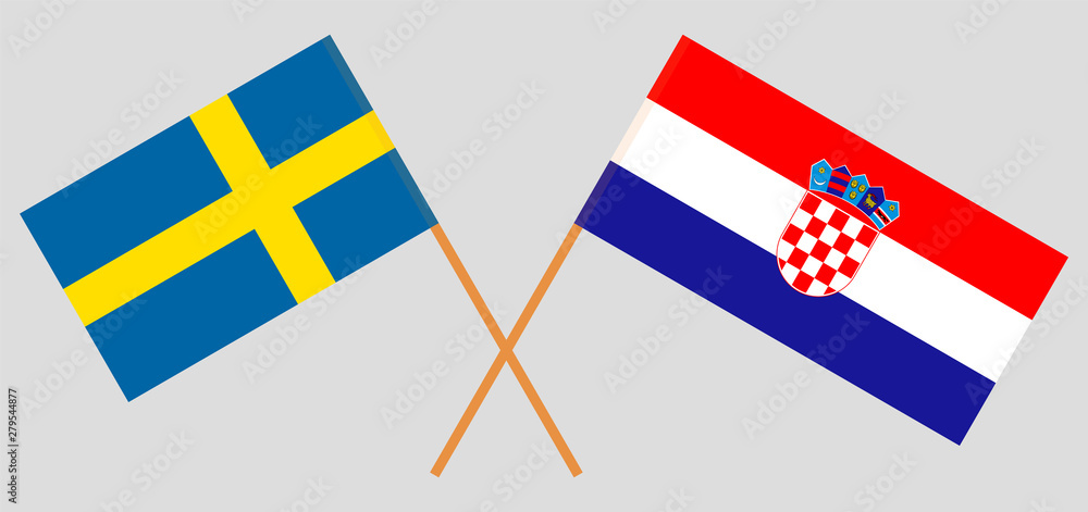Sweden and Croatia. Crossed Swedish and Croatian flags. Official colors. Correct proportion. Vector illustration