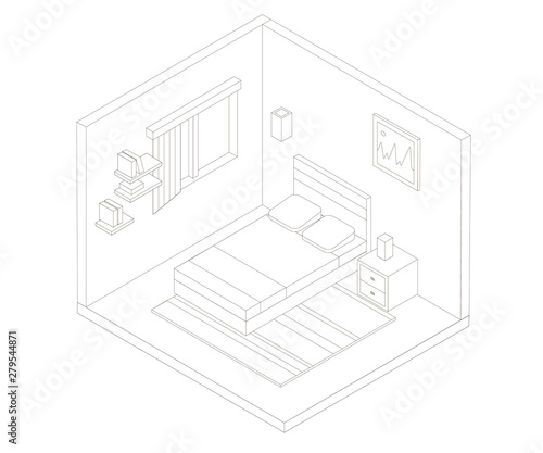Isometric bedroom outline illustration. Vector flat illustration.