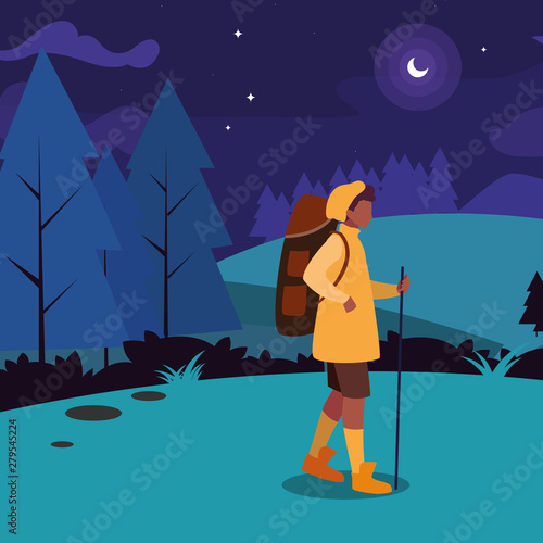 man walking field hiking forest
