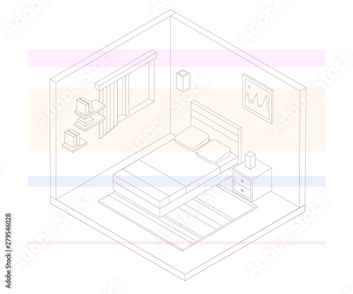 Isometric bedroom outline illustration. Vector flat illustration.