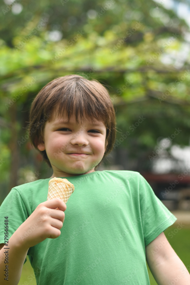 Happy little boy eating ice cream. Closeup of child eating ice cream in the park Happy little boy eating ice cream. Closeup of child eating ice cream in the park