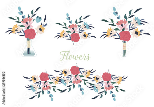 Collection of detailed drawings of trendy floristic flowers and decorative flowering plants isolated on white background.