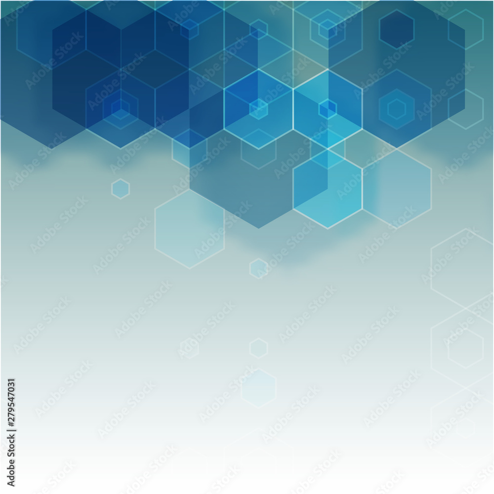  Geometric design of blue hexagons, abstract background. Brochure Template