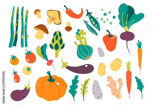 Set with hand drawn colorful doodle vegetables. Vegetables flat icons set cucumber, carrot, onion, tomato.