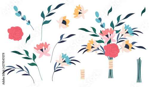 Flower pink rose, green leaves. Bundle of bouquets. Set of decorative floral design elements. Flat cartoon vector illustration. Set of floral branch. Floral poster, invite.