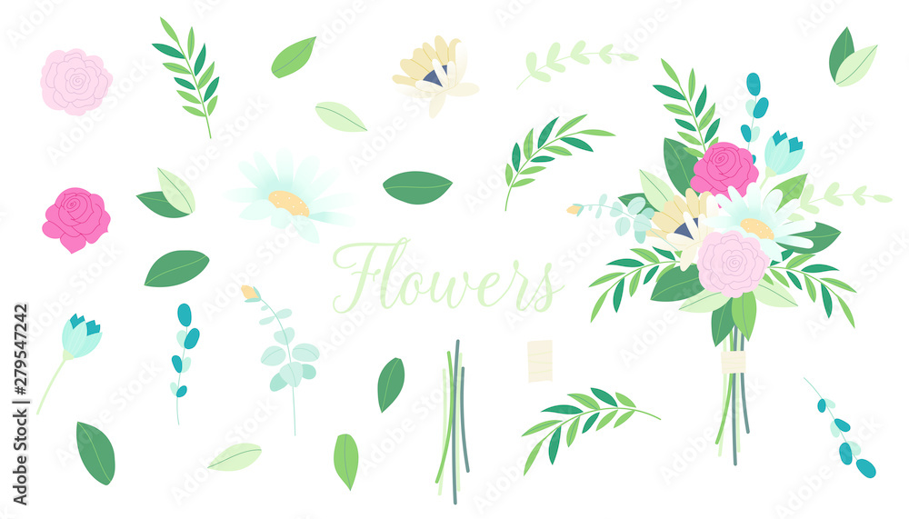 Vector floral bouquet design. Set of floral branch. Hand painted floral elements set. Set of vintage floral vector bouquet of peonies and garden flowers.