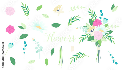 Vector floral bouquet design. Set of floral branch. Hand painted floral elements set. Set of vintage floral vector bouquet of peonies and garden flowers.