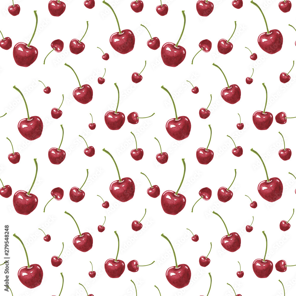 Seamless pattern, made of pink sweet cherries, hand drawn botanical illustration, isolated on white. Seamless pattern, made of pink sweet cherries, hand drawn botanical illustration, isolated on white.
