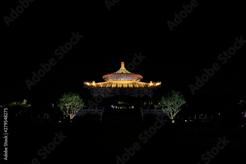 Ancient Chinese garden architecture night piece, Tangshan City, Hebei Province, China