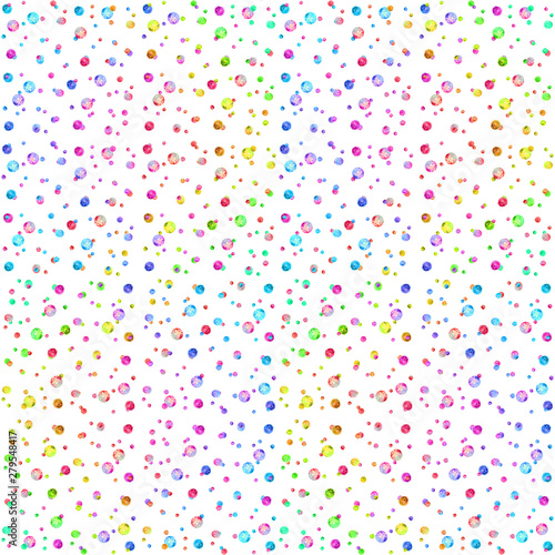 Seamless abstract pattern, made of rainbow colored polka dots, hand drawn watercolor illustration, isolated on white.
