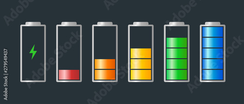 High to low power batteri charged energy indicator level set with recharging icon. Empty to full battery indicating red orange yellow blue step cylinder symbols. Vector batteries illustration