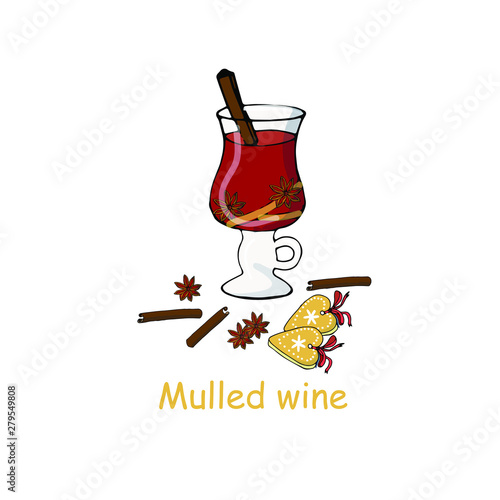 Mulled wine banner festive elements for restaurant and cafe menu, for web. Winter drink, christmas cookies, spices, cinnamon, cardamom art object isolated stock vector isolation