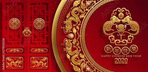Happy chinese new year 2020 year of the rat ,paper cut rat character,flower and asian elements with craft style on background.  (Chinese translation : Happy chinese new year 2020, year of rat)