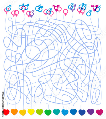 Queer love labyrinth with LGBT symbols and hearts. Many kinds of love are possible, hetero, gay, lesbian, bisexual, transgender, intersex, self love. Different sexual orientation maze. 