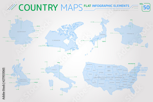 Group of Seven G7, Germany, Canada, United Kingdom, Italy, United States of America, France and Japan Vector Maps