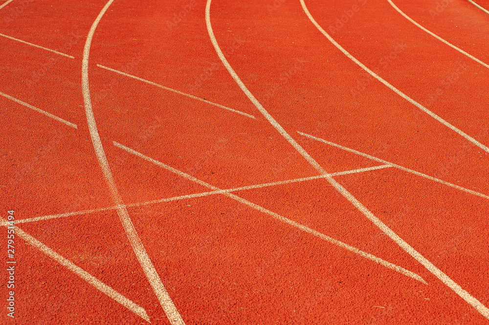 Sport. A red treadmill at the stadium. Copy space