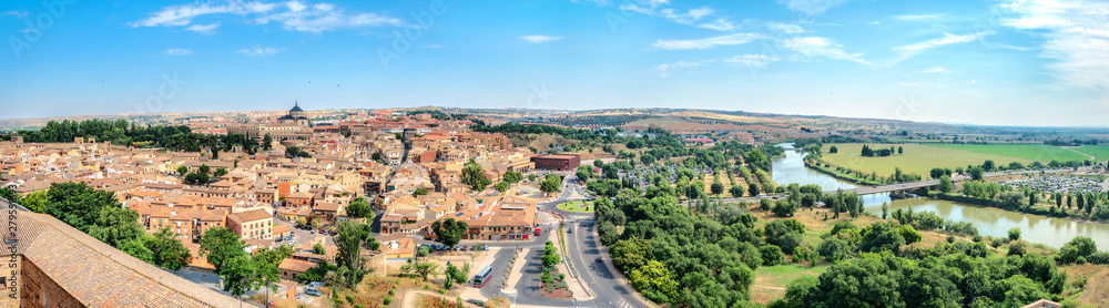 Panoramic cityscape of historic old town on Tagus River. Toledo, Spain