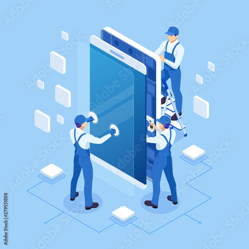 Isometric smartphone repair and service banner template. Repairing electronics. Men in the uniform of a telephone repair service