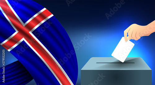 Male hand puts down a white sheet of paper with a mark as a symbol of a ballot paper against the background of the iceland flag, iceland the symbol of elections