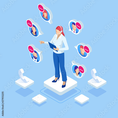 Web page design templates for call center support 24-7. Isometric 24 hours open customer service. Vector illustration Customer Service, Support or CRM