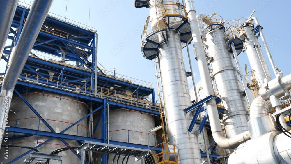 Engineering complex in Oil and Chemical refinery industrial plant , Structure and industrial equipment in production area of refinery plant , Panning video