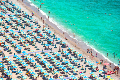 Beautiful view of full beach in Amalfi Coast, with the Gulf of Salerno, Campania