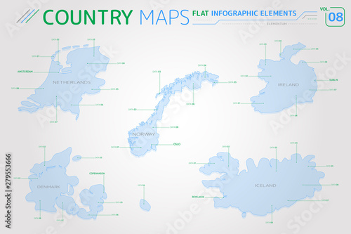 Norway, Iceland, Ireland, Netherlands and Denmark Vector Maps