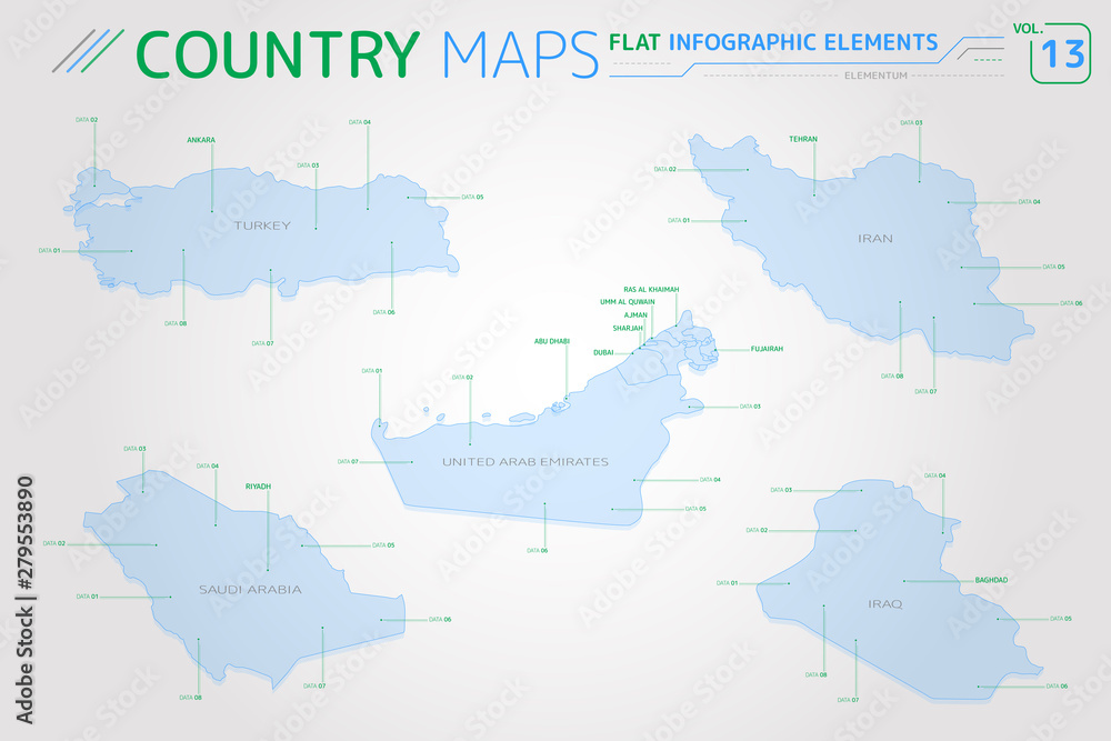 Saudi Arabia, Iraq, Iran, United Arab Emirates and Turkey Vector Maps