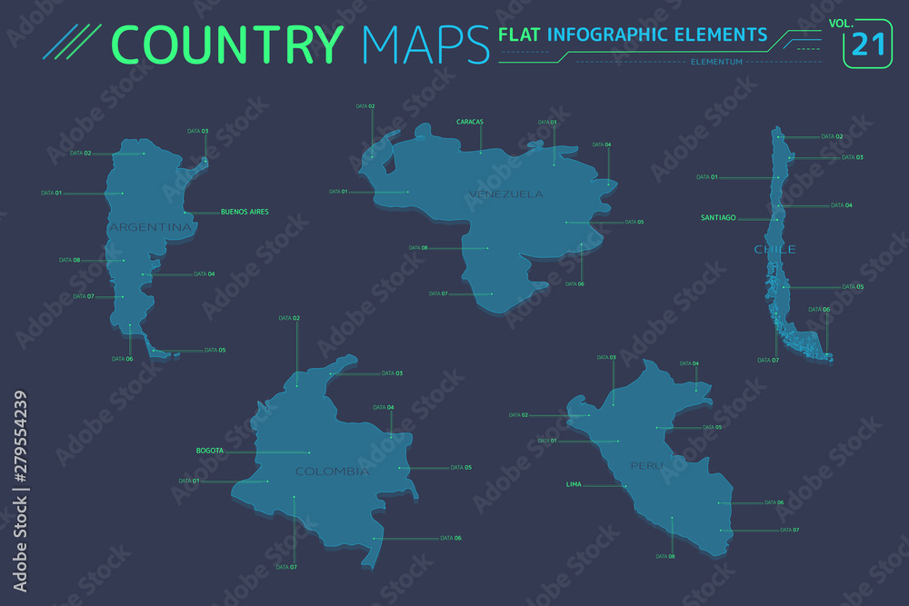 Venezuela, Colombia, Argentina, Peru and Chile Vector Maps