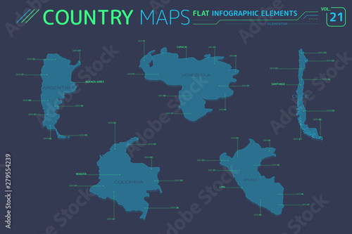 Venezuela, Colombia, Argentina, Peru and Chile Vector Maps