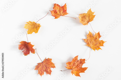 Autumn creative composition. Dried leaves on white background. Fall concept. Autumn background. Flat lay, top view, copy space