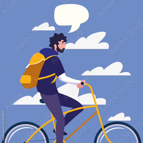 young man riding bike talk bubble