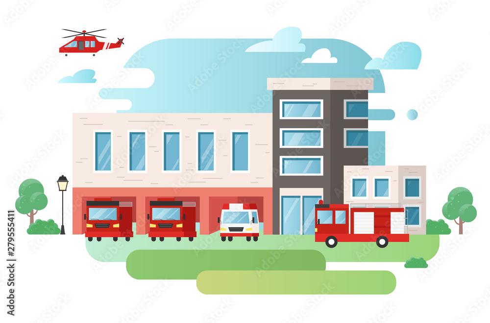 Fire station, fire engine, helicopter and ambulance vector illustration.