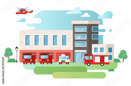 Fototapeta Naklejka Na Ścianę i Meble -  Fire station, fire engine, helicopter and ambulance vector illustration.