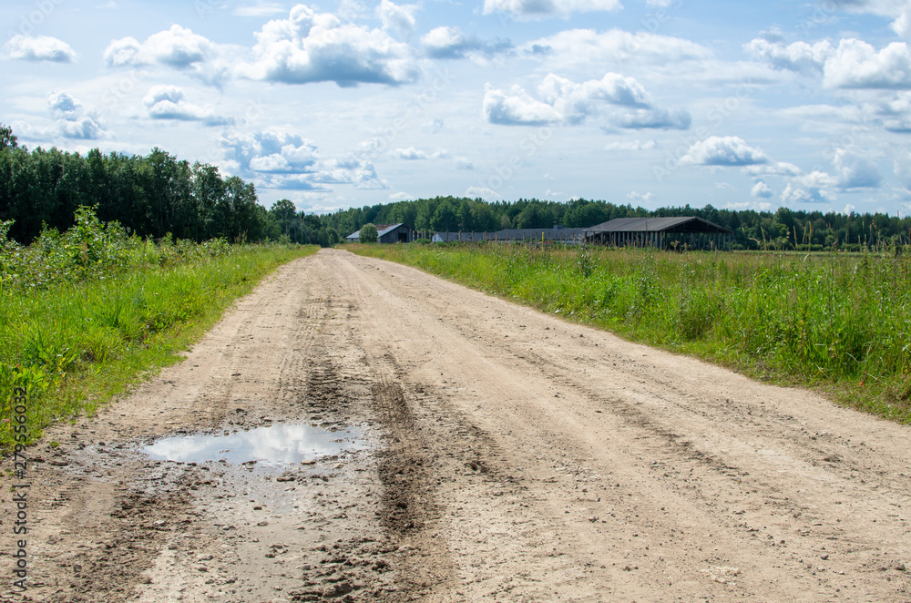 A dirt road and farm buildings in the Estonian countryside in summer