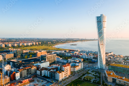 Beautiful aerial view of the Vastra Hamnen (The Western Harbour) district in Malmo, Sweden, during sunset. View from above.  photo