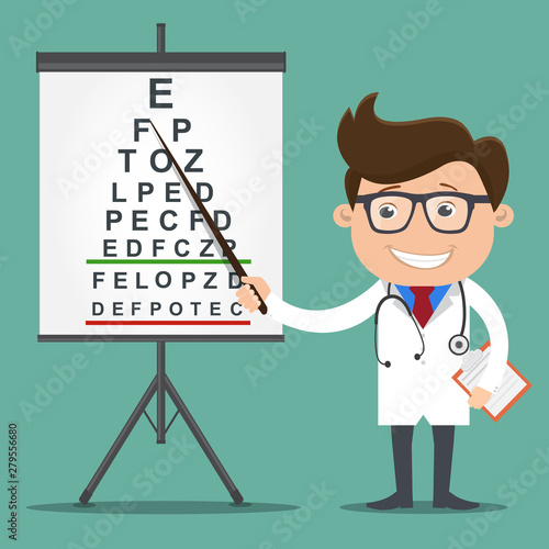 Ophthalmologist point out to eyesight check table.Medicine doctor concept.Vector illustration.
