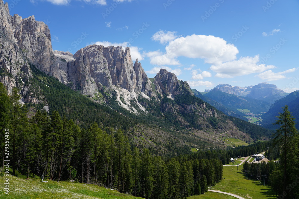 Beautiful view of mount Catinaccio (also known as Rosengarten). Catinaccio group on summer, Val di Fassa, Trentino, italian Dolomites, Italy.