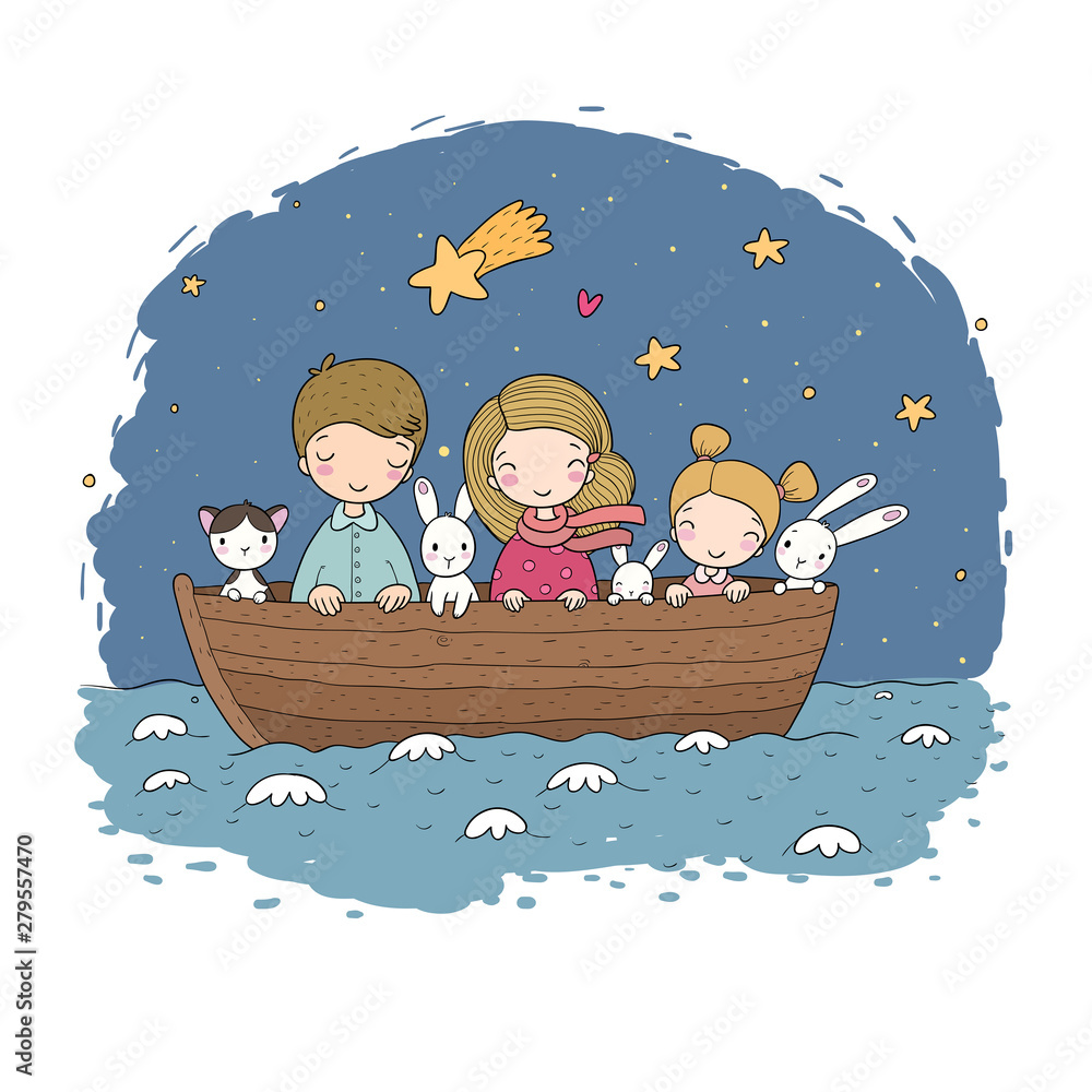 Cute cartoon kids in the boat. A brother, two little sisters, funny hares  and a cat. Best friends went on a trip. Stock Vector | Adobe Stock