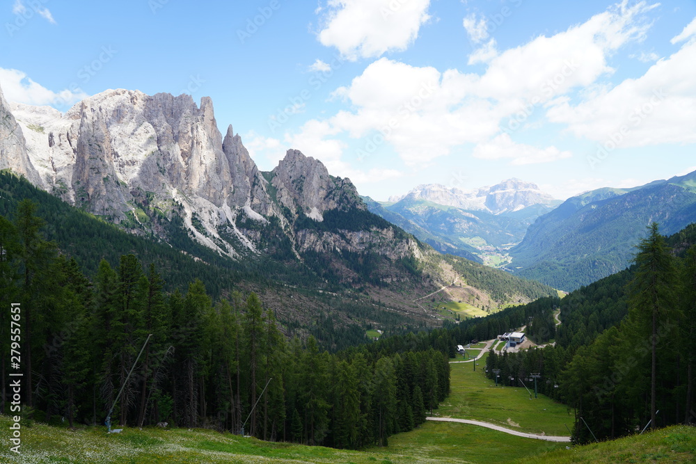Beautiful view of mount Catinaccio (also known as Rosengarten). Catinaccio group on summer, Val di Fassa, Trentino, italian Dolomites, Italy.