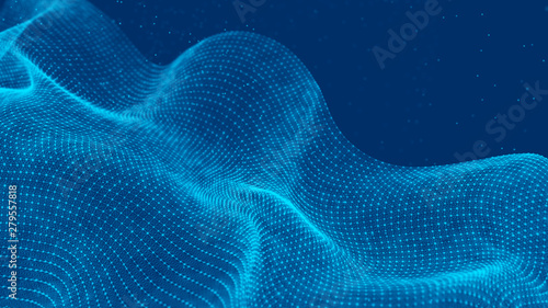 Futuristic background of points and lines with a dynamic wave. Big data. Abstract background 3d rendering. 4k. © Olena