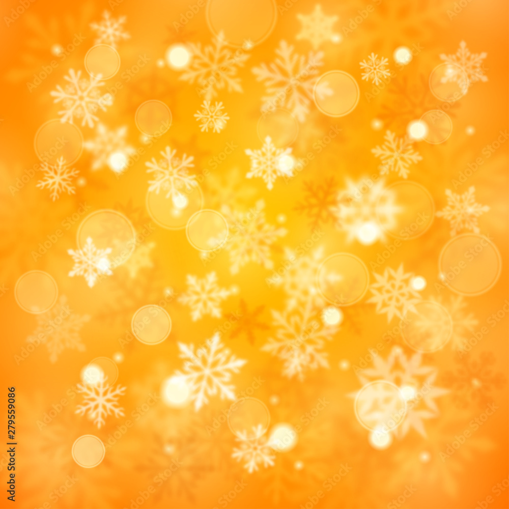 Christmas blurred background of complex defocused big and small falling snowflakes in yellow colors with bokeh effect Christmas blurred background of complex defocused big and small falling snowflakes in yellow colors with bokeh effect