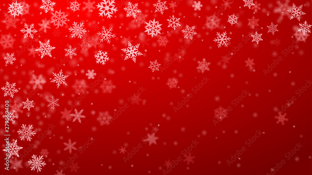 Christmas background of complex blurred and clear falling snowflakes in red colors with bokeh effect