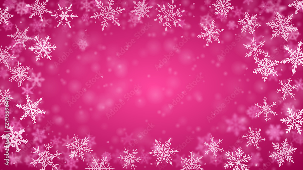 Christmas background of complex blurred and clear falling snowflakes in purple colors with bokeh effect