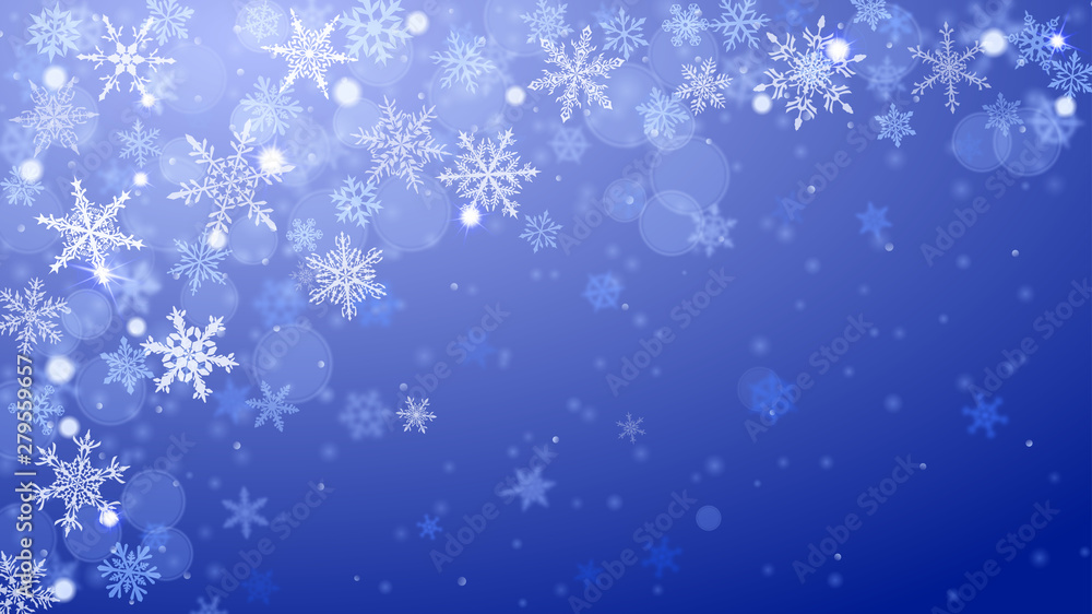 Christmas background of complex blurred and clear falling snowflakes in blue colors with bokeh effect Christmas background of complex blurred and clear falling snowflakes in blue colors with bokeh effect