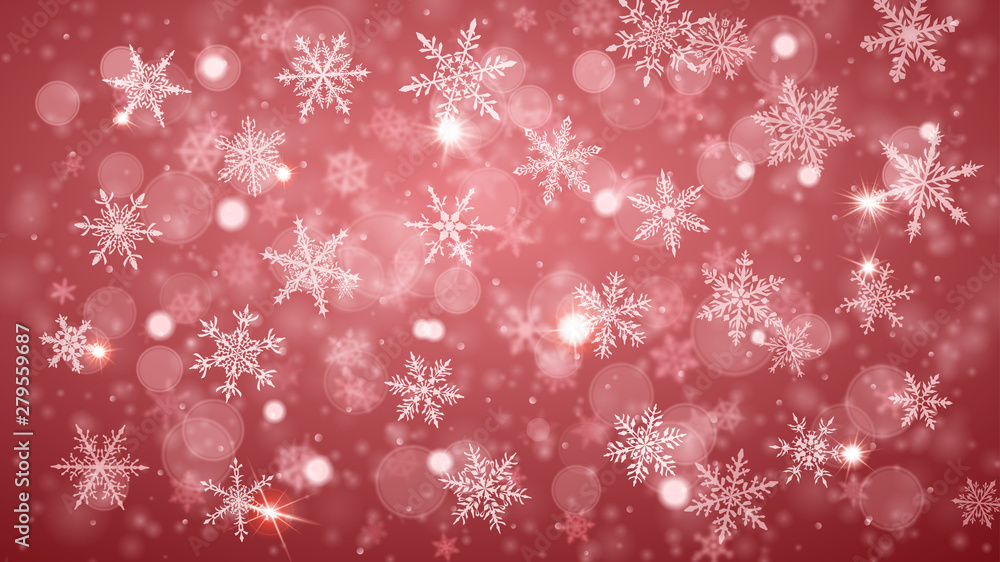 Christmas background of complex blurred and clear falling snowflakes in peach colors with bokeh effect Christmas background of complex blurred and clear falling snowflakes in peach colors with bokeh effect